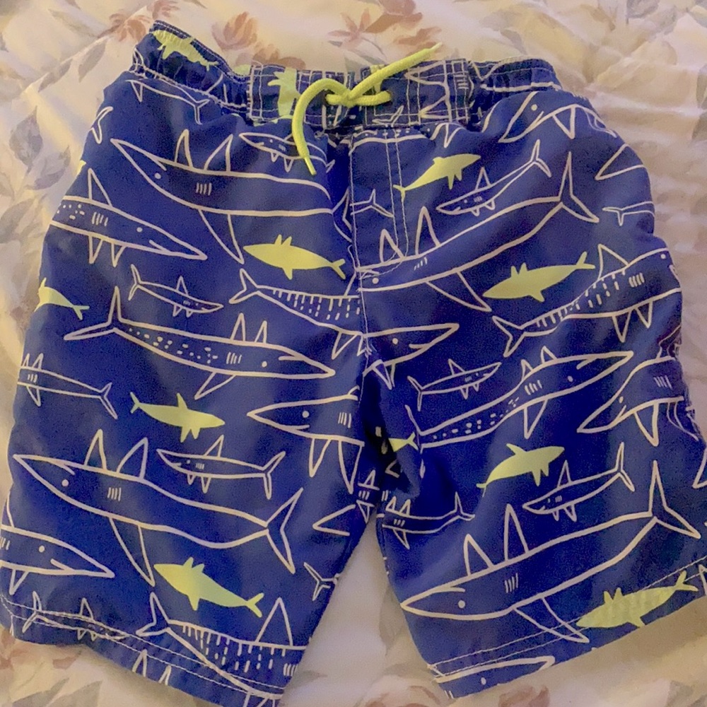 Boys 8 blue white neon Carter’s yellow swim trunks